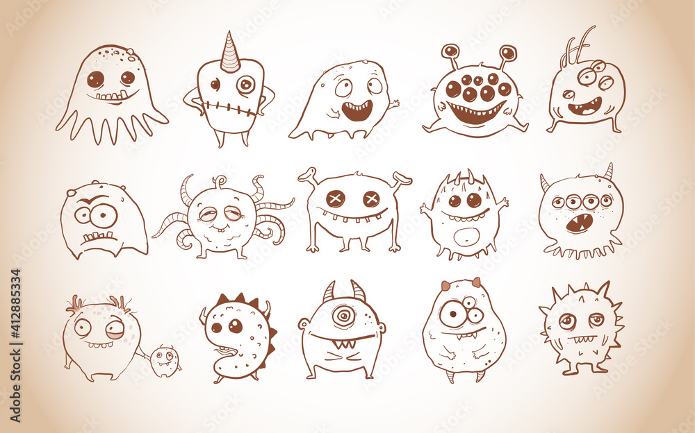 Cute Doodle monsters in vintage style. Germ doodles.