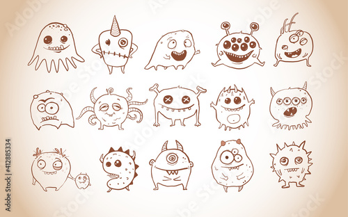 Cute Doodle monsters in vintage style. Germ doodles.
