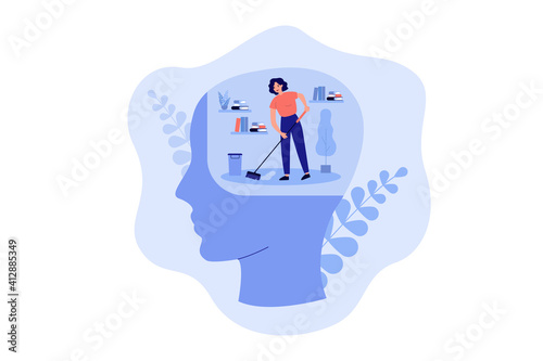 Tiny person cleaning space inside human head, moping floor. Person working on clear mind and mental detox metaphor. Vector illustration for mental health improvement, sanity, self care concept photo