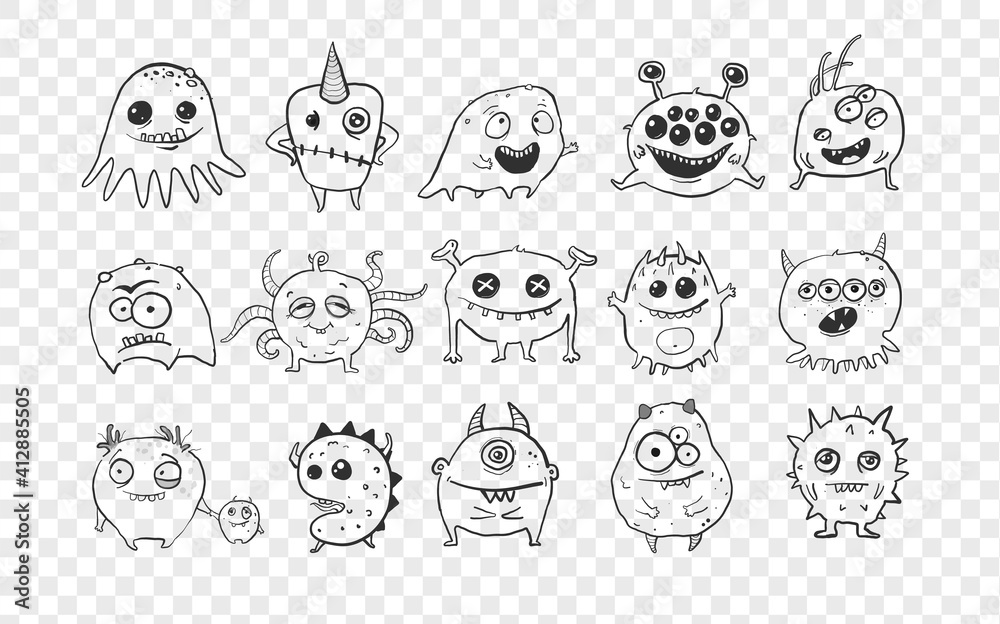 Collection of cute doodle monsters. Germ doodles. Collection of cute doodle monsters. Germ doodles.