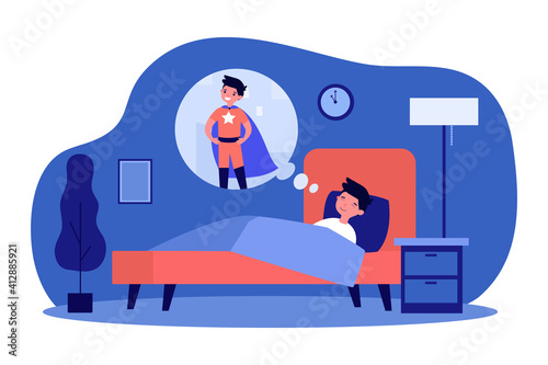 Boy dreaming being superhero. Kid lying in bed, sleeping in bedroom. Flat vector illustration. Childhood, comics hero, imagination concept for banner, website design or landing web page