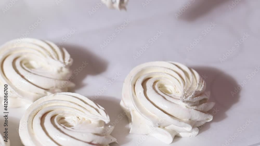 Cooking Homemade Marshmallows (White Zephyr). Low-calorie marshmallows. Homemade dessert. Close up Cooking Homemade Marshmallows (White Zephyr). Low-calorie marshmallows. Homemade dessert. Close up