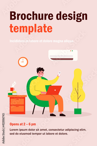 Young man sitting in home chair under air conditioner flat vector illustration. Cartoon guy relaxing at home with laptop computer. Summer and technology concept