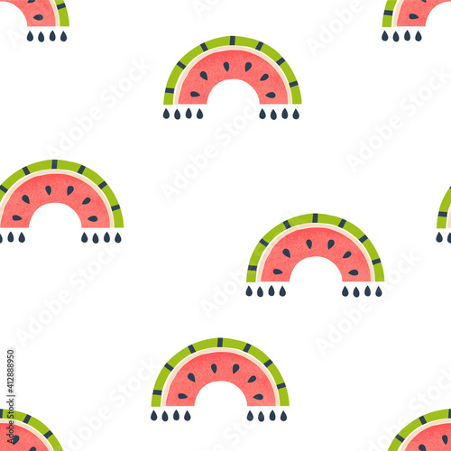 Watermelon rainbow seamless vector pattern. Fruity arch green and red nursery illustration. Juicy Summer baby backdrop design for fabric apparel print