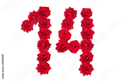 Numeral 14 made of red roses on a white isolated background. Element for decoration. Red roses.
