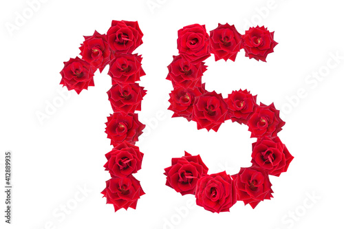 Numeral 15 made of red roses on a white isolated background. Element for decoration. Red roses.