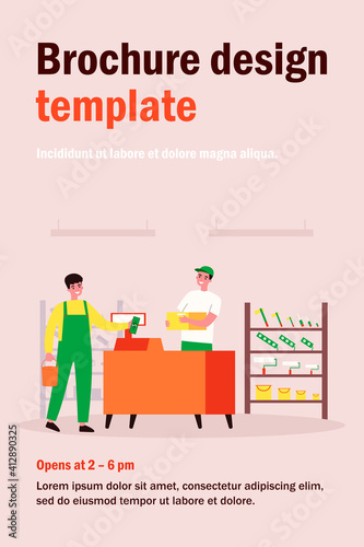 Male customer buying construction tools in store. Man standing at cash register counter and paying cash. Vector illustration for hardware construction shop, building worker, home repair concept