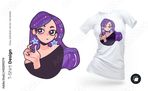 Illustration of cute teen girl with stars and planets in her hair. Galaxy humanization concept. Print for clothes, posters or souvenirs