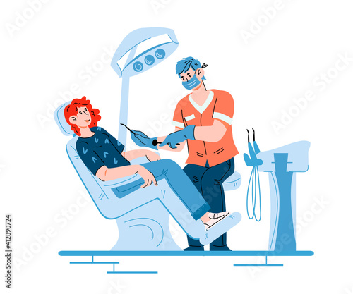 Dentist doctor and his patient, cartoon vector illustration isolated on white background. Dental medicine and oral care office concept. Stomatological checkup and teeth medical examination.
