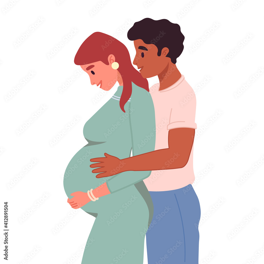 Young couple expecting baby. Happy family. Pregnant woman with a big belly and her husband hug together. Future parents, pregnancy, motherhood, parenthood concept. Multiethnic, multiracial couple