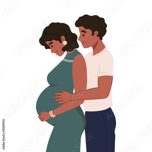 Young couple expecting baby. Happy family. Pregnant woman with a big belly and her husband hug together. Future parents, pregnancy, motherhood, parenthood concept. Multiethnic, multiracial couple