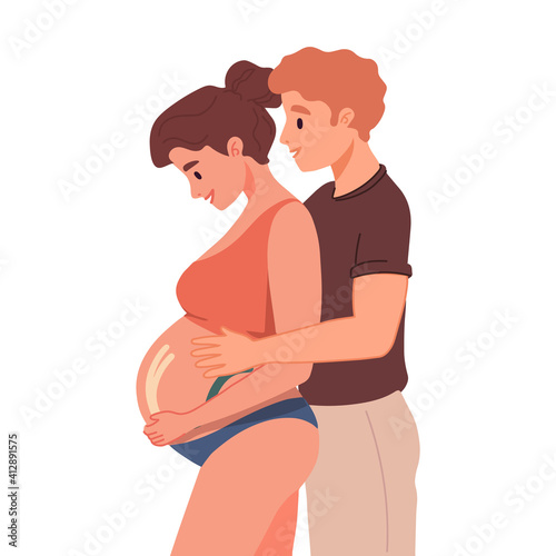 Young couple expecting baby. Happy family. Pregnant woman with a big belly and her husband hug together. Future parents, pregnancy, motherhood, parenthood concept.