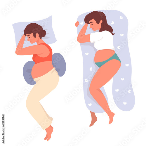 Pregnant Woman in pajamas comfortable sleeping poses, healthy night sleep. Maternity preparation. Pillow, cushion for pregnant woman. Pregnancy belly, Motherhood. New born.