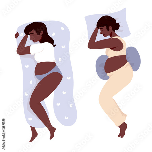 Pregnant Woman in pajamas comfortable sleeping poses, healthy night sleep. Maternity preparation. Pillow, cushion for pregnant woman. Pregnancy belly, Motherhood. New born.