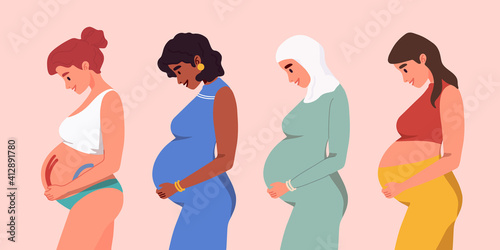 Set of different pregnant women, dress, hijab, underwear. African american, arab woman, caucasian. Young beautiful multi-ethnic mothers of different nationalities. Diversity, multiethnic society.