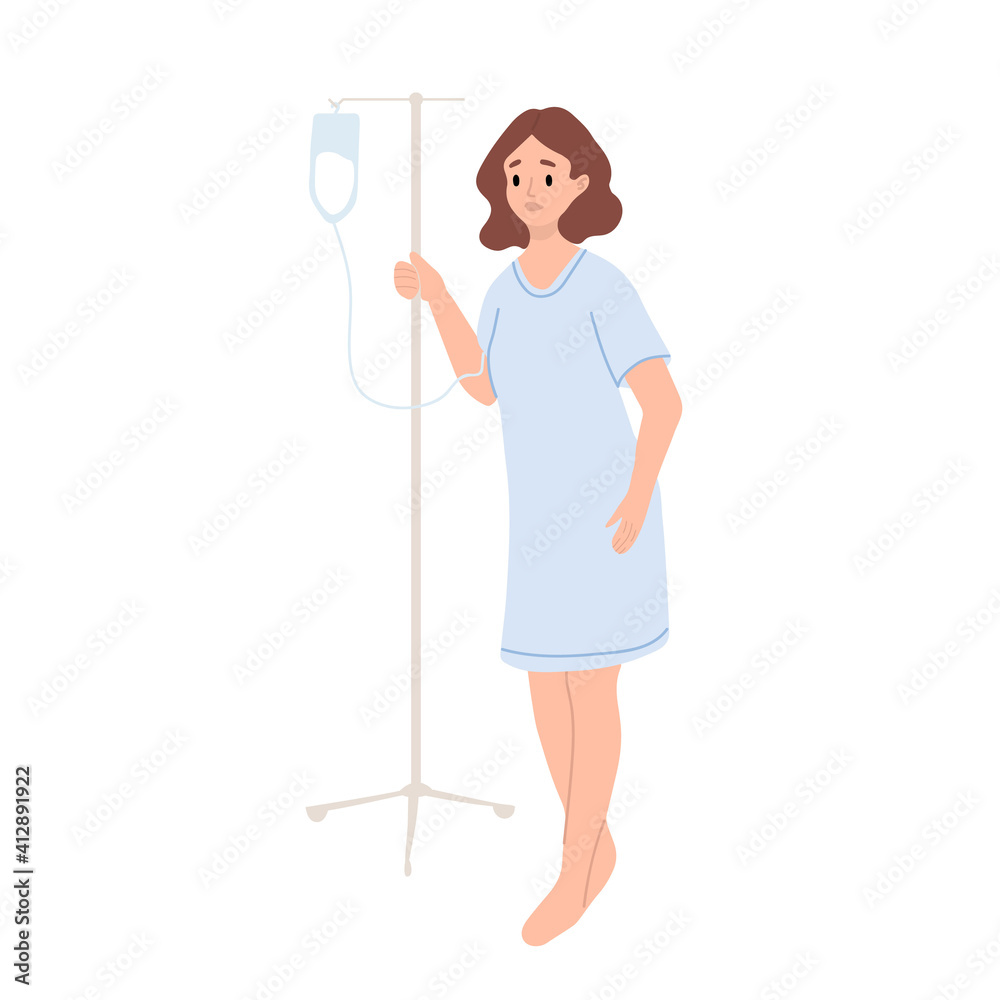 Female patient with dropper at hospital. Woman standing with intravenous dropper line. Flat vector illustration isolated. Vitamins dripping, Iv therapy, cancer disease, oncology. Health care recovery Female patient with dropper at hospital. Woman standing with intravenous dropper line. Flat vector illustration isolated. Vitamins dripping, Iv therapy, cancer disease, oncology. Health care recovery