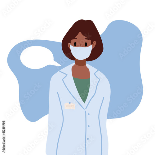 African Female therapist in face mask talking, apeech bubble. Vector flat illustration. Ask doctor. Online medical advise or consultation service, tele medicine, cardiology, emergency call.