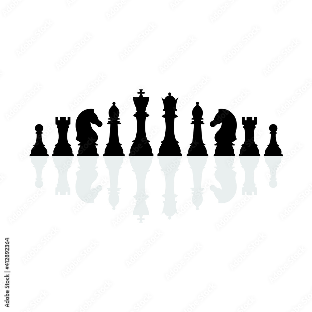 Silhouettes of chess pieces with reflection. Chess icons. Vector chess ...