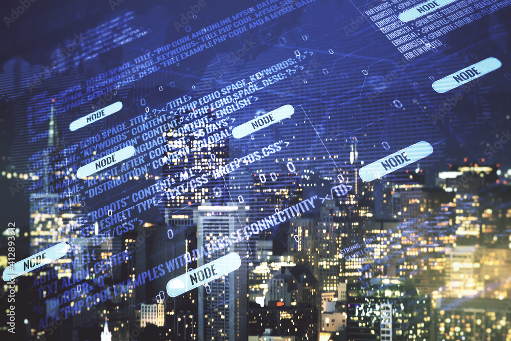 Abstract virtual coding concept and world map hologram on San Francisco skyline background. Multiexposure Abstract virtual coding concept and world map hologram on San Francisco skyline background. Multiexposure
