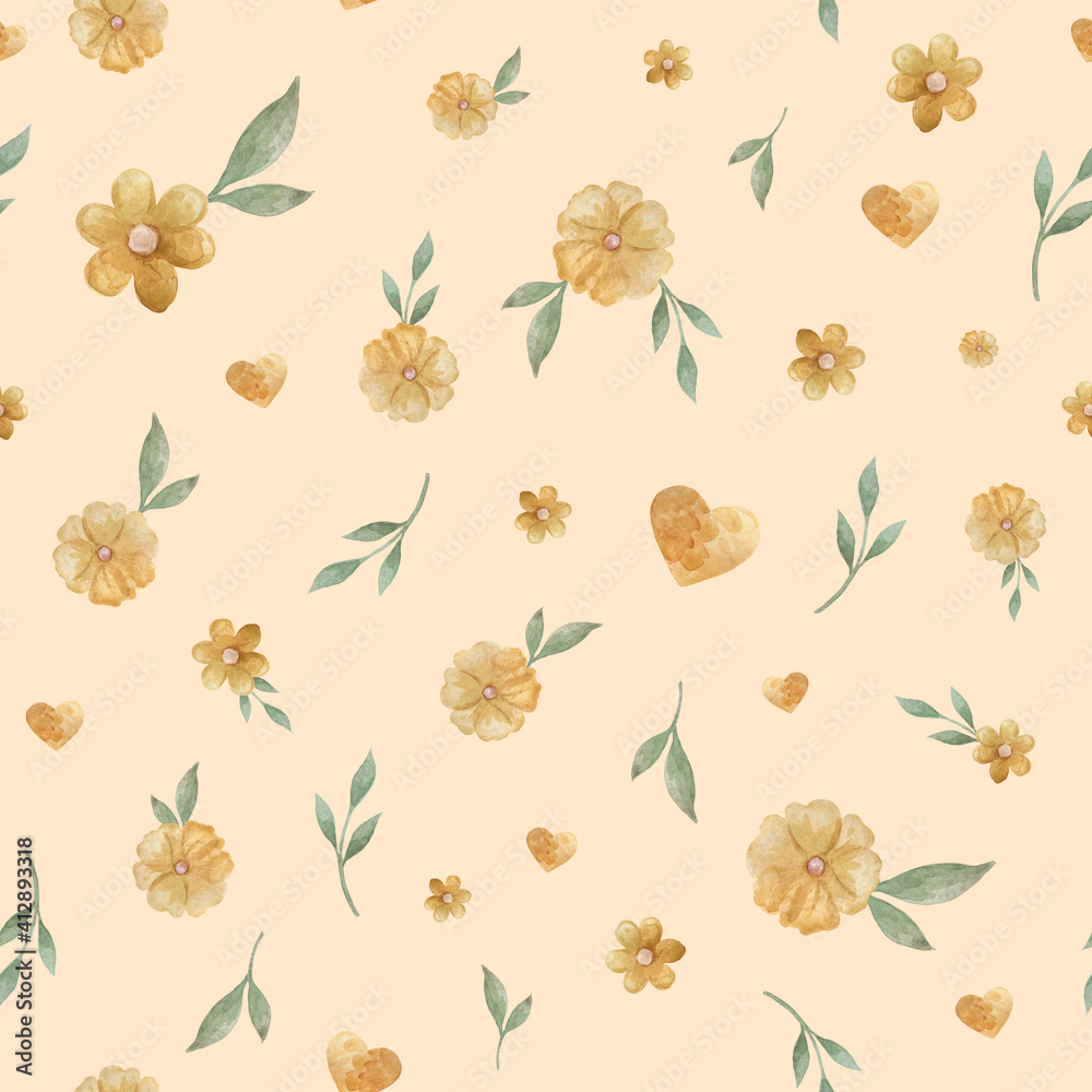 Easter seamless pattern. Watercolor pattern with yellow flowers end hearts. Easter seamless pattern. Watercolor pattern with yellow flowers end hearts.