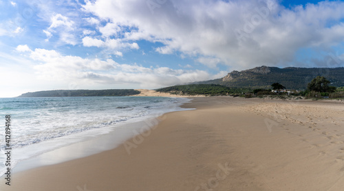 Fototapeta Naklejka Na Ścianę i Meble -  peaceful empty golden sand beach with waves rolling in and pine forest and a large sand dune in the background