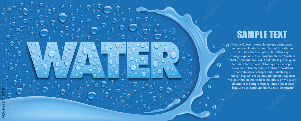 blue background with water splash and many fresh water drops.Place for your text
