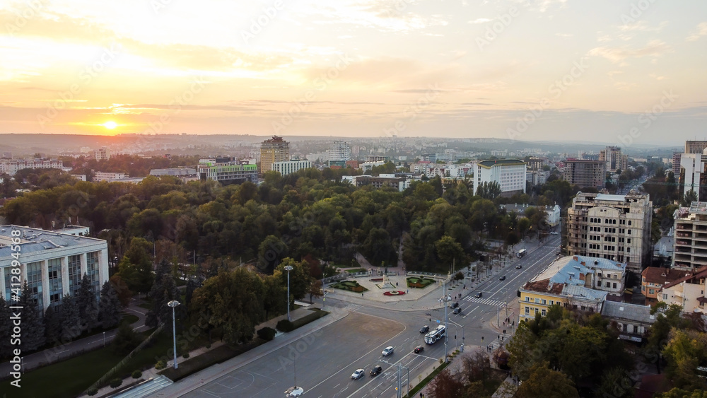 Aerial drone view of Chisinau at sunset, Moldova