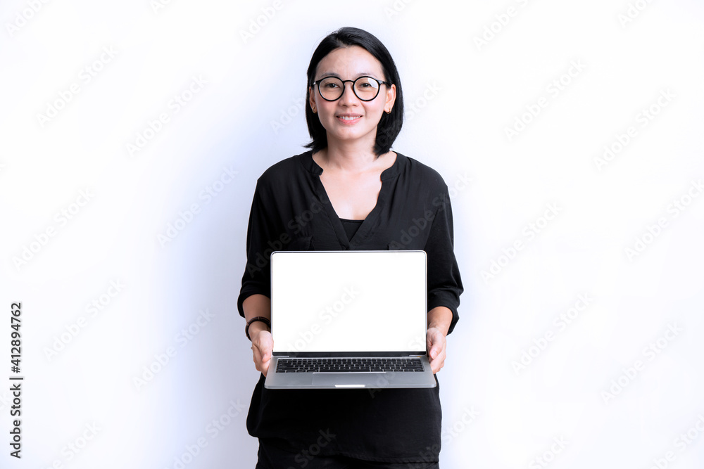 Business woman holding laptop with screen white mockup Business woman holding laptop with screen white mockup