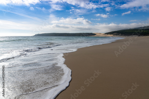 peaceful empty golden sand beach with waves rolling in and pine forest and a large sand dune in the background photo