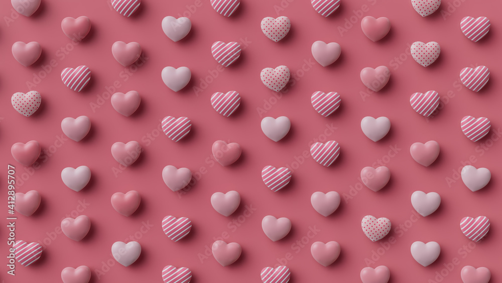 Multicolored Heart background. Valentine Wallpaper with Pink, Polka Dot and  Striped love hearts. 3D Render Stock Illustration | Adobe Stock