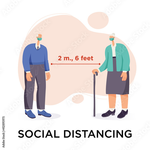 Social distancing concept. Elderly woman and man character wearing surgical or medical face mask maintain social distancing to prevent from virus spreading and flu prevention. Isolated on background