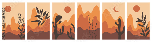 Set of landscapes with trees and vegetation. Mountains with sunset and botanical illustration. Vector stock illustration. Hills, sun, moon. For social media and stories. Wallpaper templates.