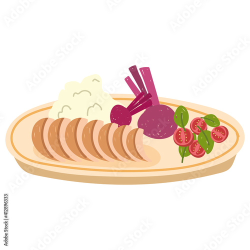 healthy food salad vegetables puree and meat flat icon style