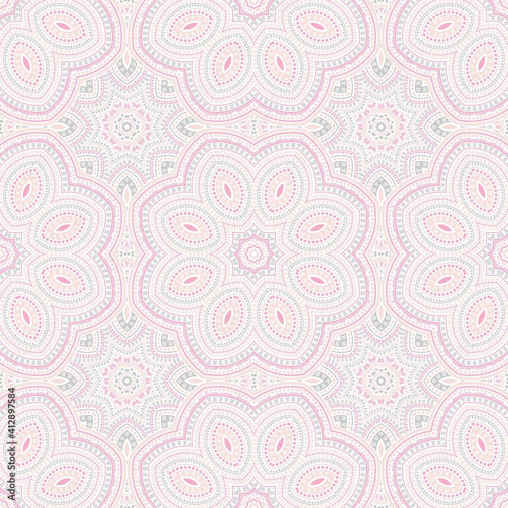 Arabic traditional mosaic vector seamless pattern. Fabric patchwork design. Vintage tunisian ornament. Floor print design. Flower and leaves composition.