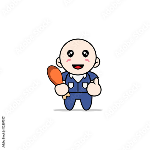 Cute men character holding a chicken meat.