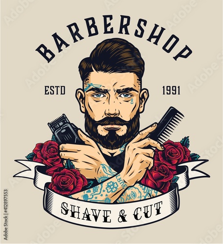 Barbershop vintage colorful label