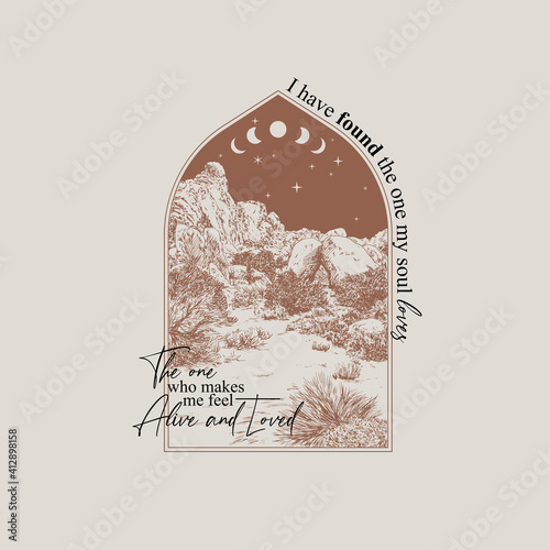 Landscape with plants and mountains. Sky with stars and moon. Motivational slogan