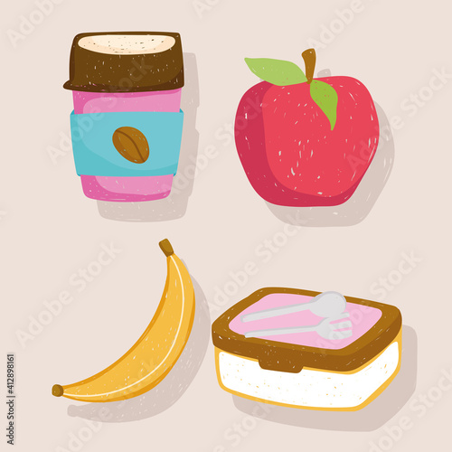 healthy food disposable coffee cup apple banana and lunch kit icons