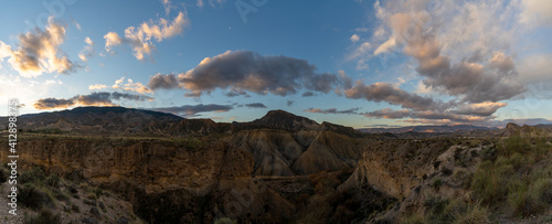 panorama landscape of the sunrise in the Tabernas desert and mountains in southern Spain