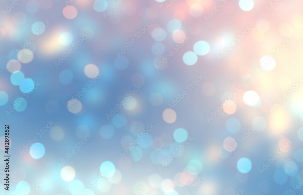 Bokeh soft blue pink empty background. Holiday blurred texture. Winter sparkles abstract illustration. Glitter defocused pattern.