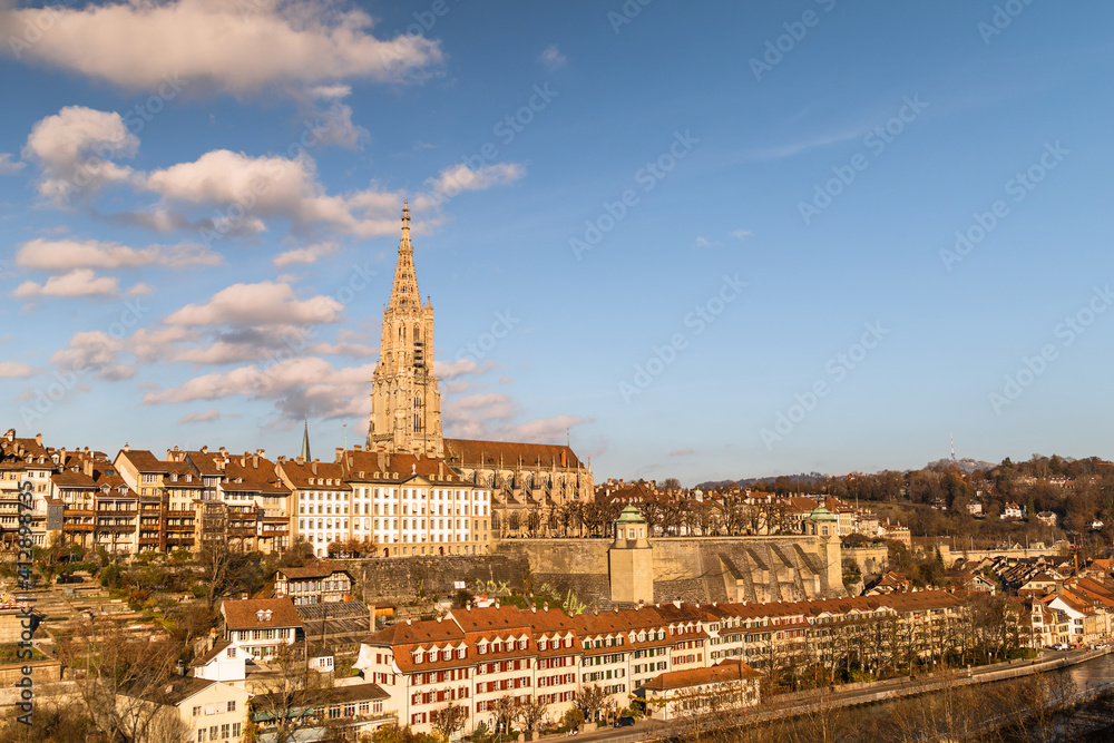 Bern Cathedral and the river with rooftops of the city