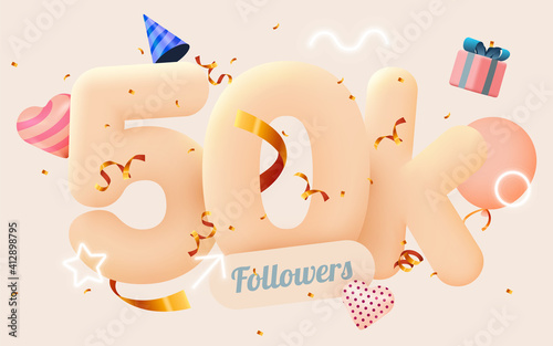 50k or 50000 followers thank you Pink heart, golden confetti and neon signs. Social Network friends, followers, Web user Thank you celebrate of subscribers or followers and likes. photo