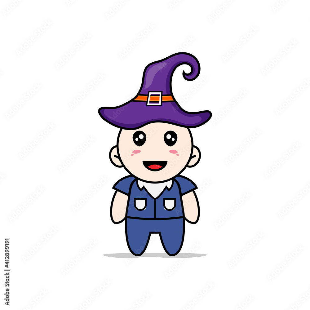 Cute men character wearing witch hat.