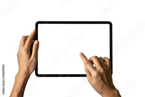 Close-up woman of Left hand held, right hand use finger touches with digital tablet white screen isolated on white background. Concept of technology, connection, communication, social
