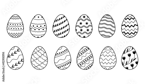 Vector Collection of decorated Easter eggs in doodle style isolated on white background. Bundle of outlined icons with different pattern for spring holiday with various ornaments. Seasonal set.