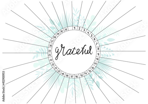 Gratitude log, printable A4 paper sheet with blank lines to fill and tropical leaves. Minimalist planner of grateful for journal page, tracker, daily planner template, blank for notebook.