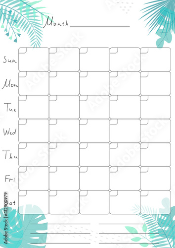 Printable A4 paper sheet with monthly planner blank to fill on background with tropical leaves. Minimalist planner for bullet journal page, habit tracker, daily planner template, blank for notebook.