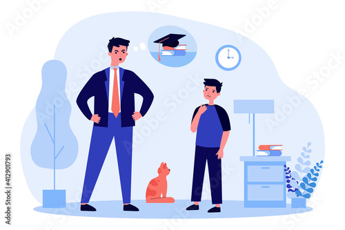 Father scolding son for low scored and studying failure at school. Angry parent blaming kid. Flat vector illustration. Education, family problem concept for banner, website design or landing web page