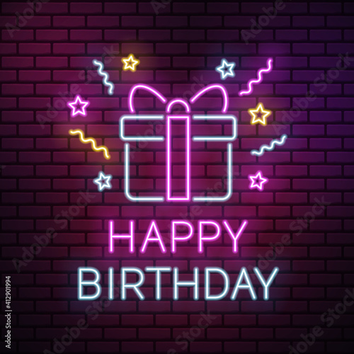 Photography Neon happy birthday vector illustration with gift