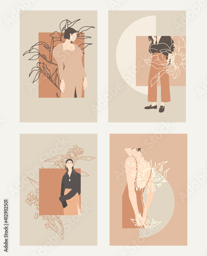 Modern set of pretty girl and flower. Minimalistic illustrations of women	